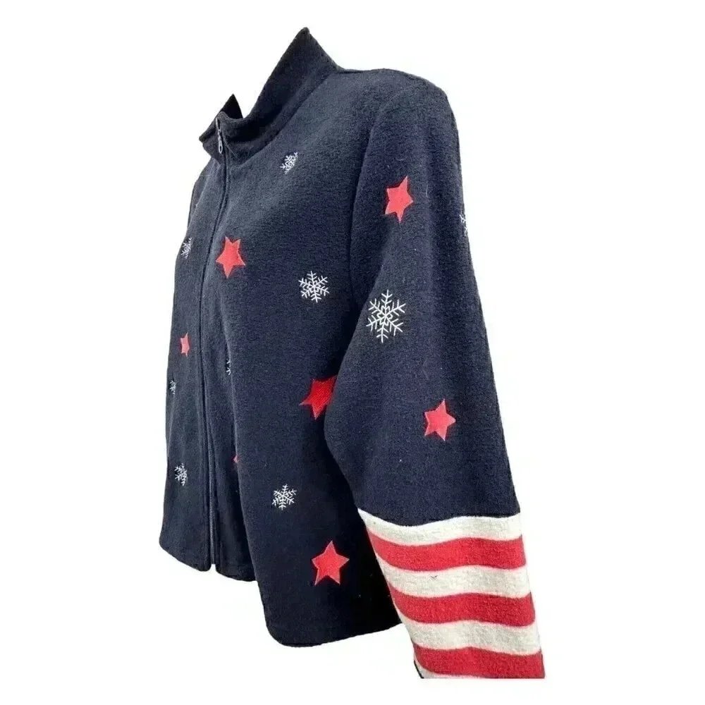 Christopher & Banks Navy Zip-Front Sweater with Red Stars & White Snowflakes